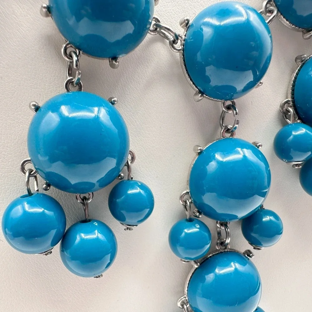 Vintage Y2K Blue Cabochon Beaded Bib Necklace Silver Tone Boho Jewelry